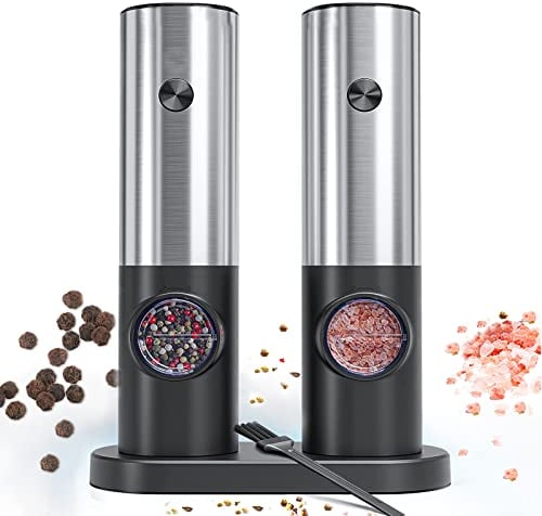 Electric Salt and Pepper Grinder Set, RIGHTWELL 2 PCS Adjustable Coarseness Pepper Grinder Mill with Storage Base and LED Light, Automatic Ceramic Core Salt Grinder for for Kitchen, BBQ, Camping,70ml
