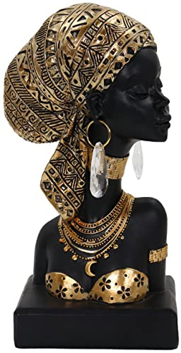 Lescafita Afrikanische Dame Büste Skulptur mit goldenem Kopftuch - Harzfigur mit Ohrringen und Halskette, moderne afrikanische Frau Statue für Heimdekoration und kulturelles Geschenk