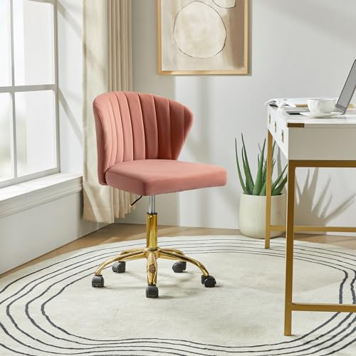 HULALA HOME Swivel Office Chair Desk Chairs Velvet Comfy Upholstered Computer Cute Chairs with Adjustable Height & Padded Cushion for Office, PINK