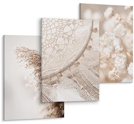 Muralo - Wandbilder Leinwand Set in Boho Stil - Aufhängefertig für Wohnzimmer - Moderne Wanddeko Boho - Weiß und Beige 3 Bilder 30 x 40 cm