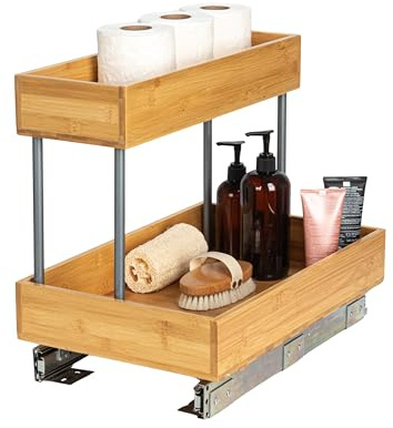 Household Essentials Glidez Steel and Bamboo Pull-Out/Slide-Out Storage Organizer for Under Sink or Cabinet Use - 2 -Tier Design - Fits Standard Size Cabinet or Shelf, Natural and Chrome