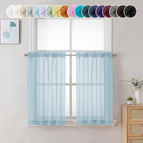 Chyhomenyc Cortinas traslúcidas de gasa azul cielo de 91,4 cm de largo, cortinas cortas de gasa filtrante de luz para baño, sala de estar, ventanas pequeñas, 42 pulgadas de ancho x 36 pulgadas de