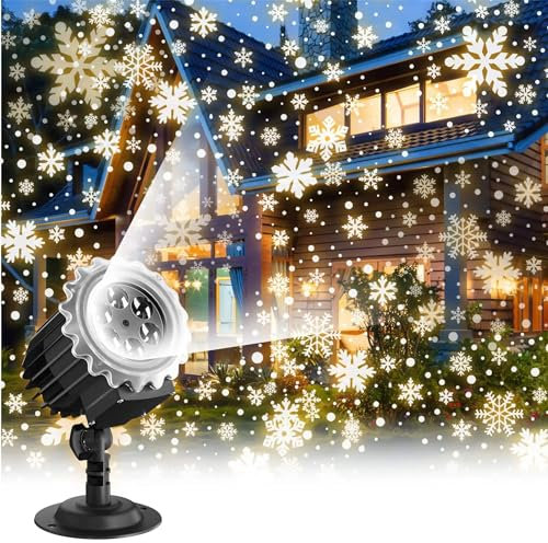 RIJPEX Snowfall LED Light Projector,Christmas Rotating Snowflake Projector Lamp,IP65 Waterproof White Snow for Outdoor Indoor Decoration Lighting on Halloween Birthday Wedding Party