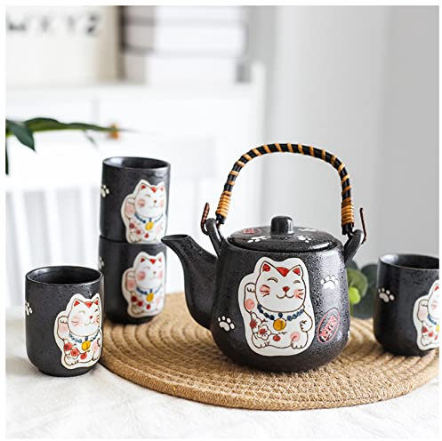 FrEshn Taza Personalizada Conjunto de cerámica Japonesa Linda Gato té Taza Taza Taza Taza Taza de Agua Tetera de Porcelana Juego de Utensilios de té (4 Tazas + 1 Tetera) Taza De Porcelana