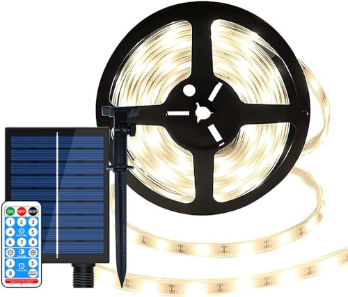 SUAVER 10M 240LED Streifen Solarleuchten, Wasserdicht Flexible LED Strip 8 Modi Lichtschläuche Solar Band Lichterketten mit Fernbedienung Dekoration Außen Innen Weihnachten Hochzeit Party (Warmweiß)
