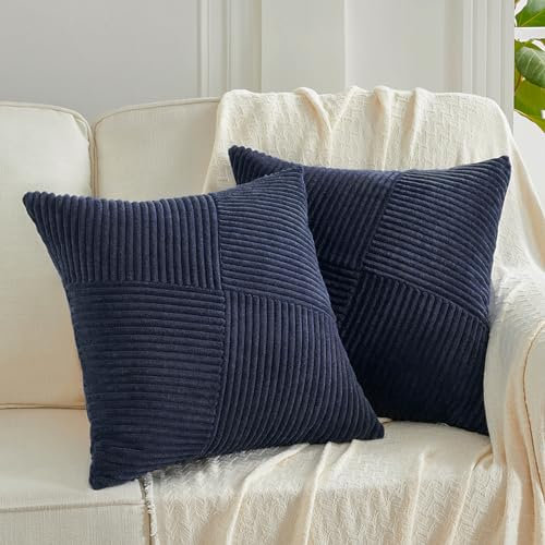 FDTERN 2er Set Navy Blau Boho Dekorativ Kissenbezug 45x45 mit Diagonales Gestreiftes Muster Weich Kordsamt Kissenhülle Zierkissenbezüge Sofakissen Dekokissen Deko für Sofa Schlafzimmer Wohnzimmer