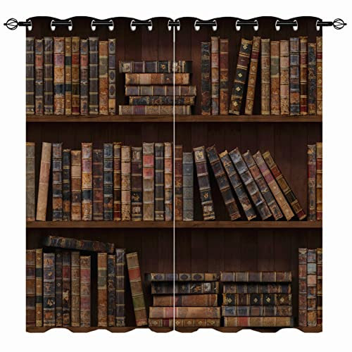 YUANZU Bücherregal Vorhänge Retro Holzstudie Altes Buch Ösen Gardinen mit Blickdichte Vorhang Kälteschutz Blackout Curtain Wohnzimmer Schlafzimmer Verdunkelung Fenster, 2 Stück, H 213 x B 132 cm