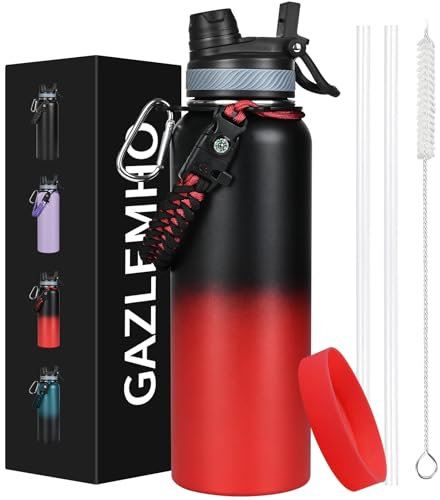 GAZLEMHO 40 oz Insulated Water Bottle with Straw& Spout 2-in-1 Lid, Triple Wall Vacuum Stainless Steel Cold 48H, Leak Proof Sports Metal Flask Jug with Paracord Handle, Silicone Boot, Black Red
