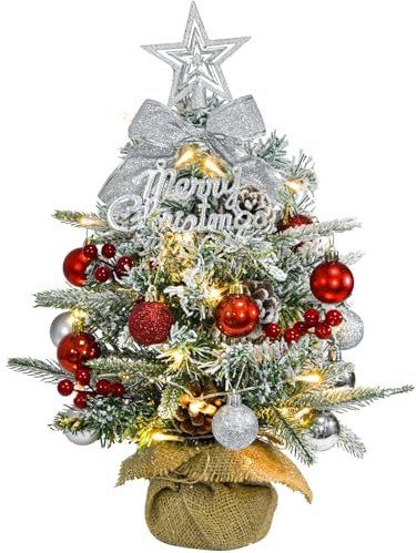 Mini Albero di Natale Artificiale con Luci LED, 45cm Piccolo Albero di Natale Decorato Innevato con Ornamenti, Albero di Natale da Tavolo per Decorazioni Casa Ufficio Interno
