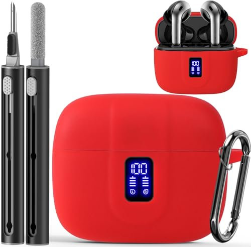 Wowwat Earbuds Case Cover Compatible with TAGRY X08 Wireless Headphone, Silicone Protective Case with Keychain, with LED Display Window, With Charging Hole, Anti-Splatter & Anti-Scratch - Red