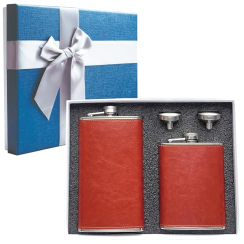 2 Pack Hip Flask for Liquor, 8oz + 12oz Hip Flask Set Stainless Steel Leather Hip Flask + Funnels, Leak Proof Pocket Hip Flask for Men (Brown)