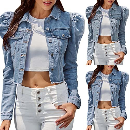 Jeansjacke Damen Übergangsjacke mit Puffärmeln Denim Jacke Reverskragen Jacken Langarm Coat Elegant Jeansmantel Vintage Outdoorjacke Streetwear Freizeitjacken
