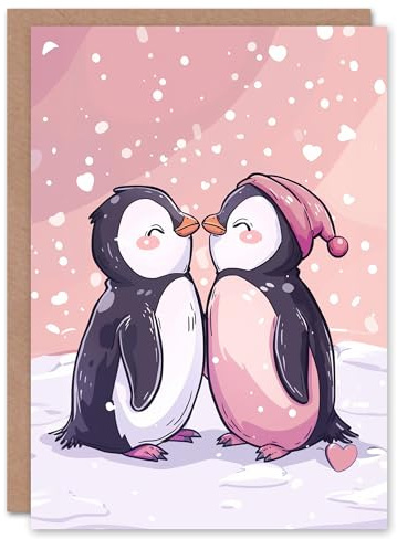 Artery8 Cute Penguin Couple Winter Love Cartoon For Her Woman Xmas Festive Christmas Card