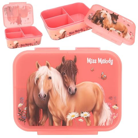 Depesche 12895 Miss Melody Flowers Rosa Oscuro, con Motivo de Caballo y Flores, Fiambrera con 3 Compartimentos y Tapa Transparente, Estampado de Animales Floral, Color Pink, One Size