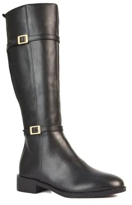 ESSEX GLAM Women's Flat Knee High Boots Ladies Elasticated Stretch Calf Buckle Zip Riding Biker Shoes Size 3-8