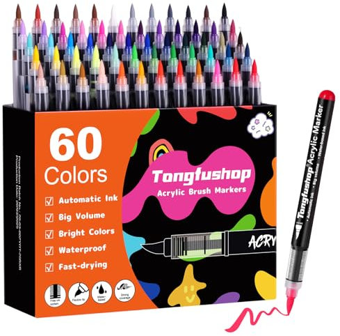 Tongfushop 60 Colors Acrylic Paint Pens, Acrylic Brush Markers with Automatic Ink Control System, Water-Based Art Colouring Pens for Rock Painting, Stone, Ceramic, Metal, Paper, Glass, Fabric, Wood