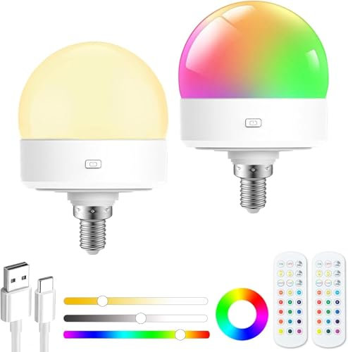Bonlux E14 Rechargeable Light Bulb, USB Battery Power Lamp, Remote Control Bulb, Wireless LED Bulb with Magnetic Base, 3 Color Temps & 12 RGB, Memory/Timer Function, 2 Modes, 2 Pack