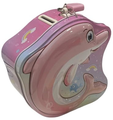 Spardose aus Metall für Kinder mit lustigen Designs, Spardose mit Schloss und Schlüssel für Jungen und Mädchen (Delfin Rosa)