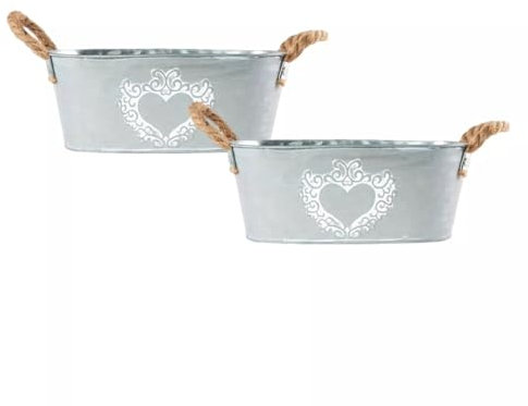 Zinc Tin Silver Trough Oval Plant Pot 30cm, 12inch Heart Print Planter With Rope Handles Indoor Outdoor Balcony Patio Weatherproof Pot (2)