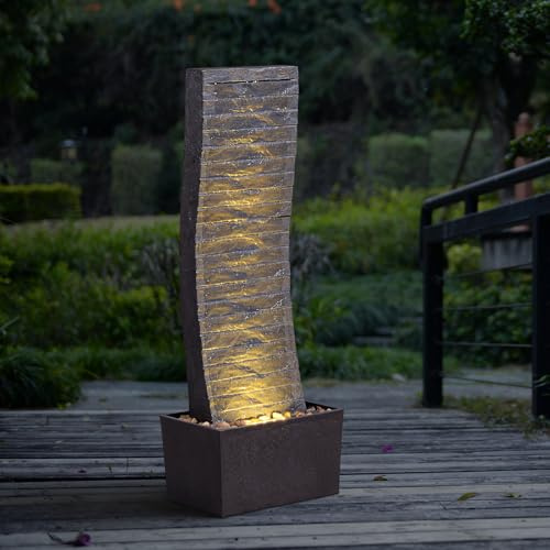 MSEONWXI Fontana a cascata curva per esterni, 91,9 cm, elegante fontana con luci a LED per patio, giardino, cortile, moderna grande fontana rilassante (24382)