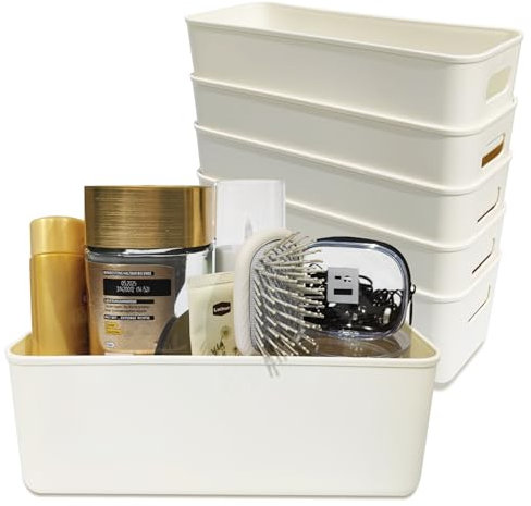 Laihur 6 pack Cupboard Organiser Storage Boxes for Shelves Plastic Storage Basket Square Small Storage Box for Bathroom, Kitchen, Cabinet, Desktop, 27 * 9.5 * 9 cm, White
