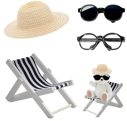 JINJUMEI Puppen Have a Seat, Dekoratives Puppen Zubehör, 4-Teiliges Set Mit Liegestuhl, Beigefarbener Strohhut und Schwarze Brille für Puppe Fans, Ideal Als Auto Deko und Geburtstagsgeschenk