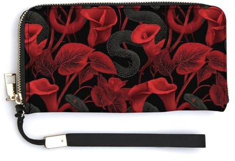 Cartera de cuero para mujer, diseño gótico de serpiente roja, con estampado de lirio de cala pequeña, monedero de mano con cremallera