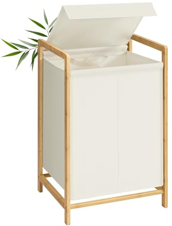 SONGMICS 2-Compartment Laundry Basket, Bamboo Frame, 100 L | Dirty Laundry Hamper, Reinforced and Removable Lid, Removable Bag, Cream White, ROCKI Collection RLH102WD01