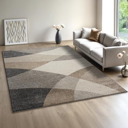 Mia´s Teppiche Modena - Moderner Kurzflor Teppich, Wohnzimmer & Schlafzimmer, weich & pflegeleicht, geometrische Wellenmuster, Beige, 140 x 200 cm