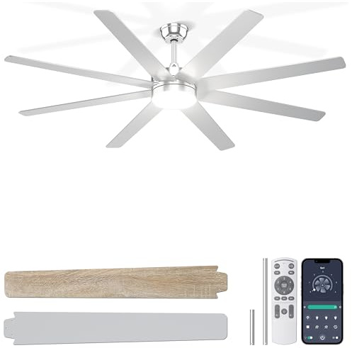 Ohniyou 152,4 cm Deckenventilator mit Beleuchtung, Deckenventilator mit Fernbedienung/APP-Steuerung, Dimmbar, Leiser Gleichstrommotor, Große Deckenventilatoren für den Innen-und Außenbereich, Silber
