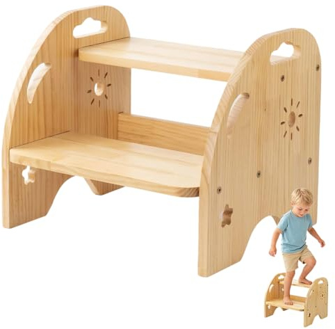 CEWROM Tritthocker Kinder Holz 2 Stufen, Rutschfester Kinderhocker mit Griff, Stabiler tritthocker, Tragfähigkeit bis zu 100KG Kinder fußbank für Bad, Küche, Toilettenhocker
