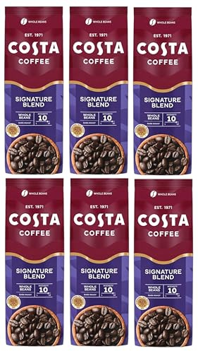 Costa Coffee Signature Blend Whole Coffee Beans, 1Kg (Pack of 6, Total 6kg/ 6000 Grams) - Dark Roast