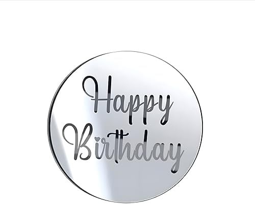 Happy Birthday Silver Round Acrylic Cake Topper Disc, Personalised Cake Topper Base for Birthday and Party Cakes