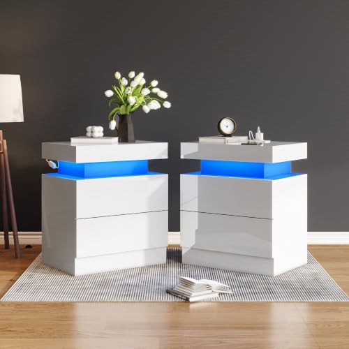 LUXOAK 58x40x35 cm 2er Set Nachttische mit LED & Ladestation, Weiß | RGB-LED mit App & Fernbedienung, über 6000 Farben, Musikmodus, Timer & Helligkeit einstellbar