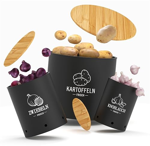 Homhut Kartoffel Aufbewahrungsbox 3er Set | Stapelbare mit Frischebelüftung, Kunststoff Kartoffelbox, Platzsparende, Vorratsdosen für Kartoffel Zwiebel knoblauch