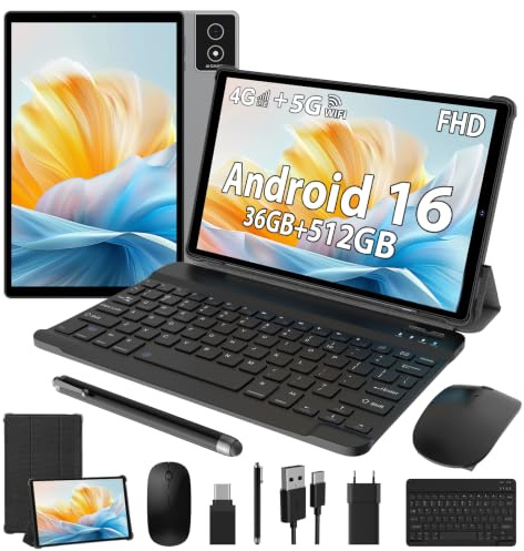 LEVIRTU Tablet 10,4 Pulgadas Android 16, Octa-Core 2.0 GHz, 2K FHD, 4G LTE/5G WiFi, 36GB RAM+512GB ROM (2TB TF), 8000mAh, 13MP+8MP, GPS, Bluetooth 5.0, Face ID, con Teclado y Ratón, Gris