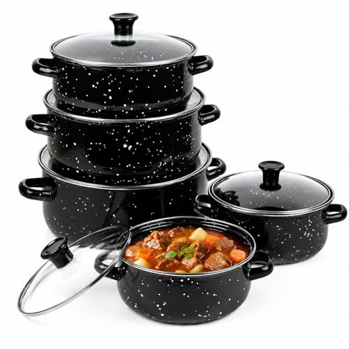 Enamel Pots Set 10Pcs, Induction Cookware with Lids & Dual Handles | 5 Saucepans, 5 Lids, Even Heat, Stackable, Easy Clean, for Gas, Electric, Ceramic, Induction Hobs
