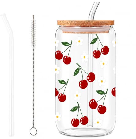 Bryxora Cherry Glass Cups with Lids and Straws Set, Glass Cups with Lids and Straws, Complete Set with Bamboo Lid, Glass Straw and Cleaning Brush