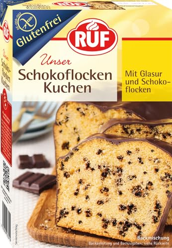 RUF Glutenfreier Schokoflocken-Kuchen mit Kakaoglasur und Schoko-Stückchen, fluffig und schokoladig, glutenfreier Kuchen, Zöliakie geeignet