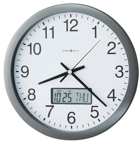 Howard Miller Chronicle Wanduhr 625-195 - Modernes Metallic-Grau, Flache Lünette, Anzeige des LCD-Kalenders (Monat, Tag, Wochentag), Quarz-Uhrwerk