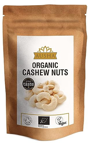 Ausha Organic Cashew Nuts 1kg Whole Raw - 1* GREAT TASTE AWARD 2023 - UK Certified Organic by Soil Association