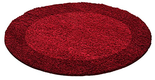 Carpettex Hochflor Teppich Wohnzimmer Shaggy Flokati Teppich Modern Bordüre Design 200 cm Rund Rot - Teppich Schlafzimmer Weich Flauschig Waschbar Teppich Küche Esszimmer - Langflor Teppiche