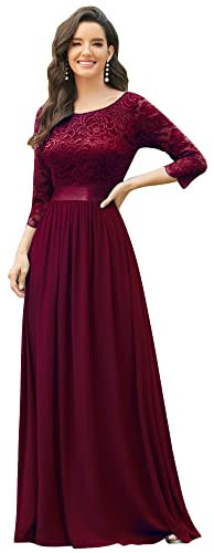 Ever-Pretty Robes de Soirée Manches 3/4 Longue Femme Col Rond Empire en Dentelle Élégant 38 Bordeaux