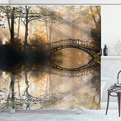 ABAKUHAUS Landschaft Duschvorhang, Brücke River Forest, Stoffliches Gewebe Badezimmerdekorationsset mit Haken, 175 x 180 cm, Hellbraun