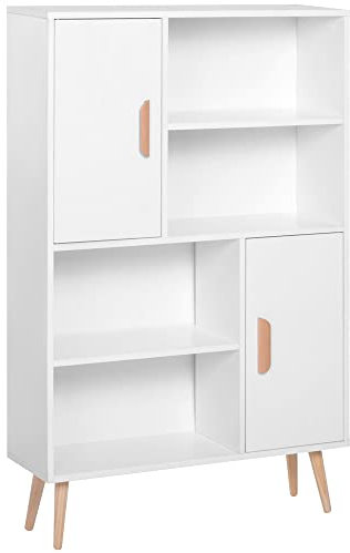 HOMCOM Bibliothèque scandinave 4 niches + 2 placards avec étagère dim. 80L x 24l x 123H cm Pieds effilés inclinés Bois Massif Panneaux Particules Blanc