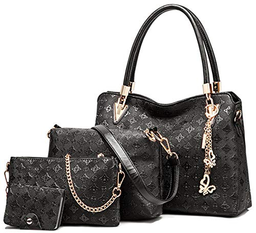 FiveloveTwo Damen Umhängetasche Schultertasche Henkeltaschen Quaste Drucken Handtasche 4-teiliges Set Geldbörse Shopper Taschen Clutches Kartenhalter Brieftasche Schwarz