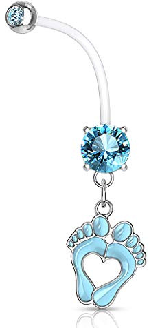 Autiga® Schwangerschaftspiercing Bio Flex Flexibler Kunststoff kürzbar Baby Füße Füßchen Herz Zirkonia Kristall Bauchnabel-Piercing