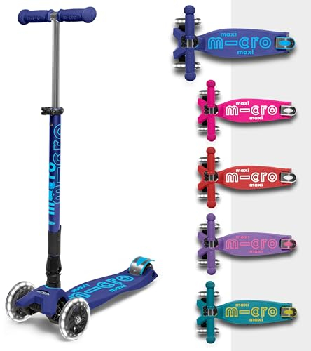 Micro Kickboard Maxi Deluxe Scooter, faltbar, LED, 3 Räder, Lean-to-Steer, Schweizer Design, mit bewegungsaktivierten Leuchtrollen, für Kinder von 5-12 Jahren - Marineblau