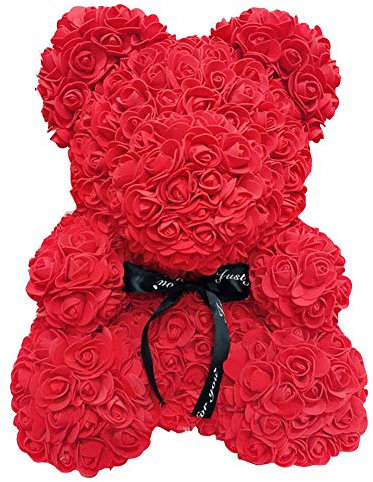 FeiWen Ours Fleur Rose 10 Pouces Ours en Peluche Fleurs artificielles Fête des mères,La Saint-Valentin, Anniversaire avec Douche Nuptiale (Rouge)