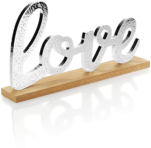 com-four® Deko Aufsteller in Metalloptik - Schriftzug love auf Holzsockel - Deko-Schriftzug zum Hinstellen - 29,5x16x5cm (01 Stück - Love 29.5cm)